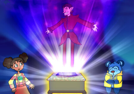A cartoon of a man standing on top of a box.