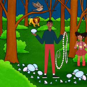 A man and girl in the woods with a lion.