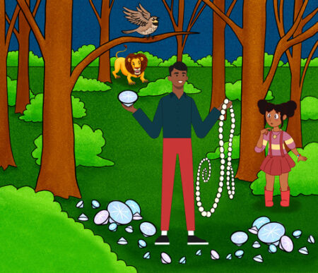 A man and girl in the woods with a lion.