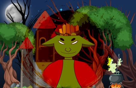 A cartoon of a green creature with a red hat.