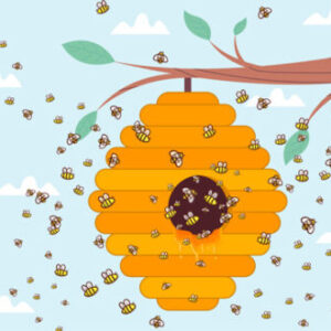 A bee hive with many bees flying around it.