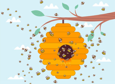 A bee hive with many bees flying around it.