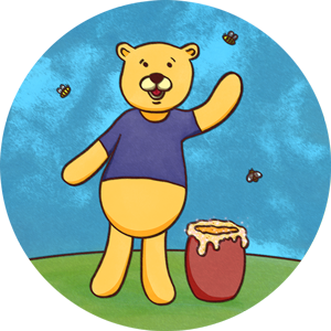 A bear is standing next to a honey pot.