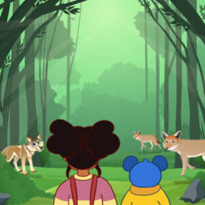 A couple of people standing in the woods with animals.