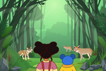 A couple of people standing in the woods with animals.