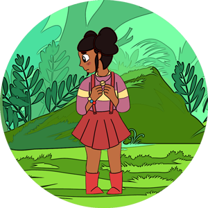 A cartoon of a girl in a red skirt