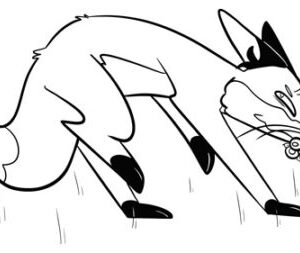 A black and white drawing of a dog jumping in the air.