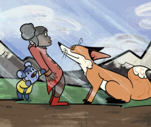 A woman and dog are walking in the road.
