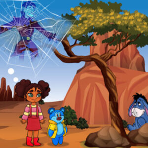 A cartoon of a girl and two other characters.