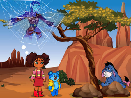A cartoon of a girl and two other characters.