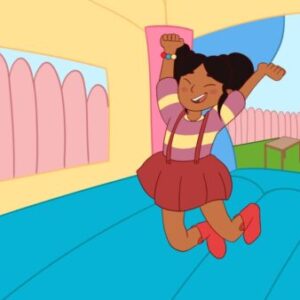 A cartoon of a girl jumping in the air.