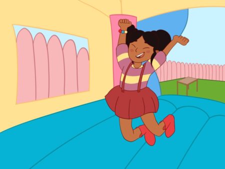 A cartoon of a girl jumping in the air.