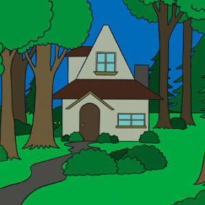 A cartoon of a house in the woods