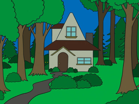 A cartoon of a house in the woods