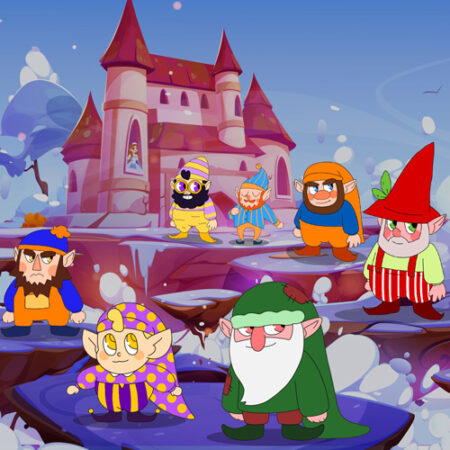 A group of dwarfs and wizards in front of a castle.