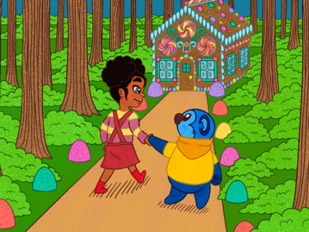 A boy and girl are walking down the road