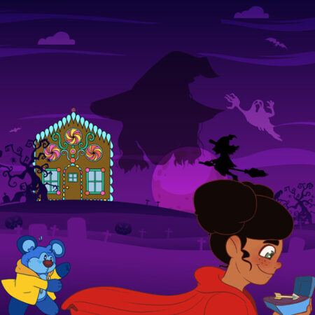 A woman in red is standing next to a bear.