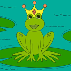 A frog with a crown sitting on top of a leaf.