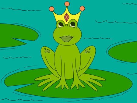 A frog with a crown sitting on top of a leaf.