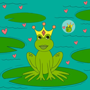 A frog with a crown sitting on top of a leaf.
