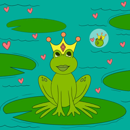 A frog with a crown sitting on top of a leaf.