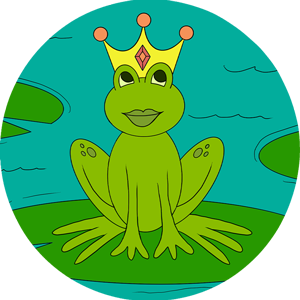 A frog with a crown sitting on top of grass.