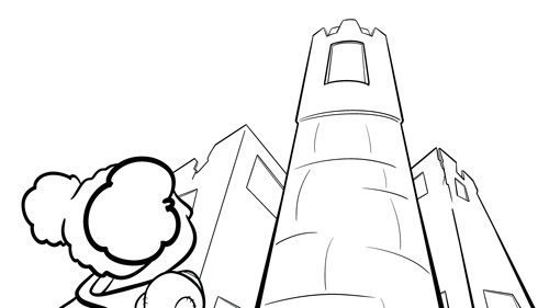 A black and white drawing of a castle