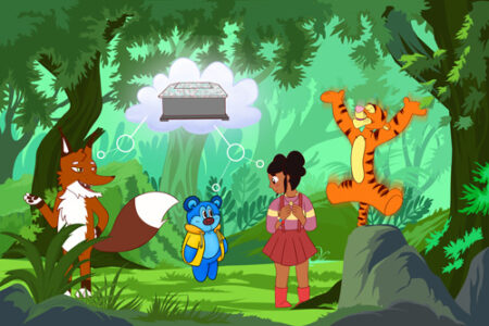 A group of people in the woods with trees