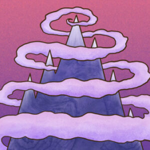 A purple sky with clouds and a mountain