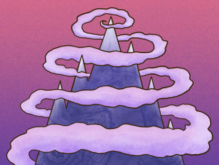 A purple sky with clouds and a mountain