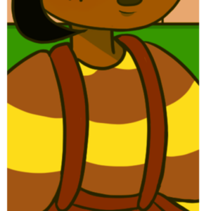 A cartoon of a woman with brown hair and a striped shirt.