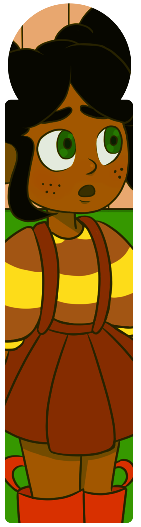 A cartoon of a woman with brown hair and a striped shirt.