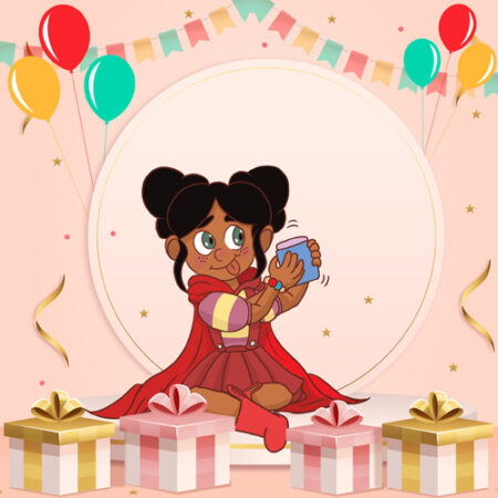 A girl is sitting on the ground with balloons and presents.
