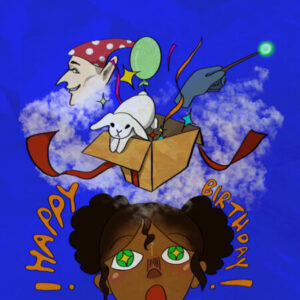 A girl is looking up at the sky with balloons and a cat.