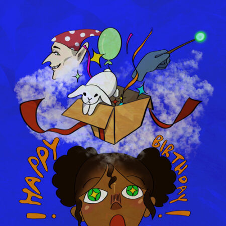 A girl is looking up at the sky with balloons and a cat.