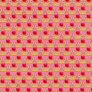 A pattern of cupcakes with red cherries on them.