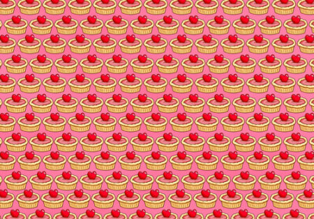 A pattern of cupcakes with red cherries on them.