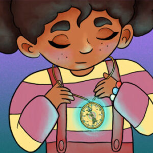 A child holding a clock in front of their face.