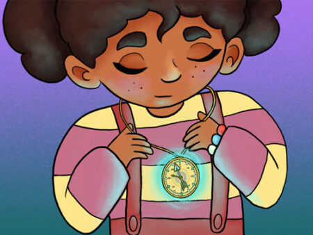 A child holding a clock in front of their face.
