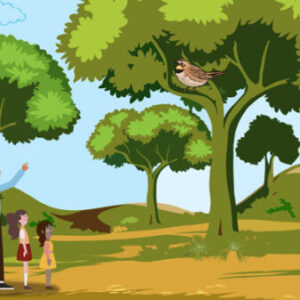A group of people standing in front of trees.