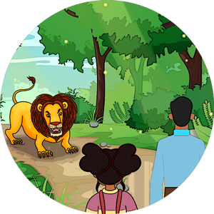 A lion is walking through the jungle with two people.