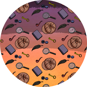A circular pattern of objects in the background.