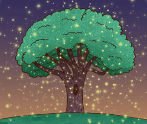A tree with green leaves and yellow lights on it.