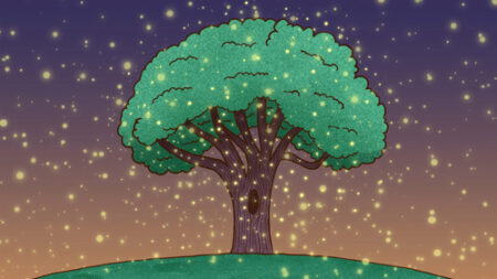 A tree with green leaves and yellow lights on it.