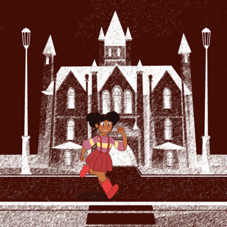 A cartoon of a girl in front of a castle.