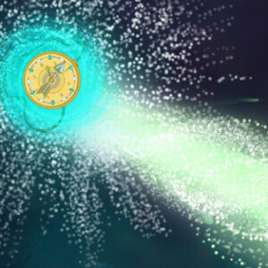 A clock is shown with green light coming from it.