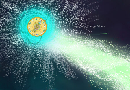 A clock is shown with green light coming from it.