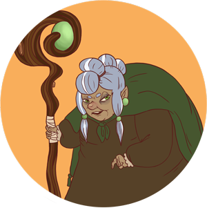 A cartoon of an old woman holding a staff.
