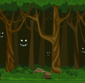 A forest with trees and bushes and some lights