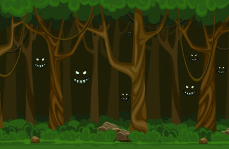 A forest with trees and bushes and some lights